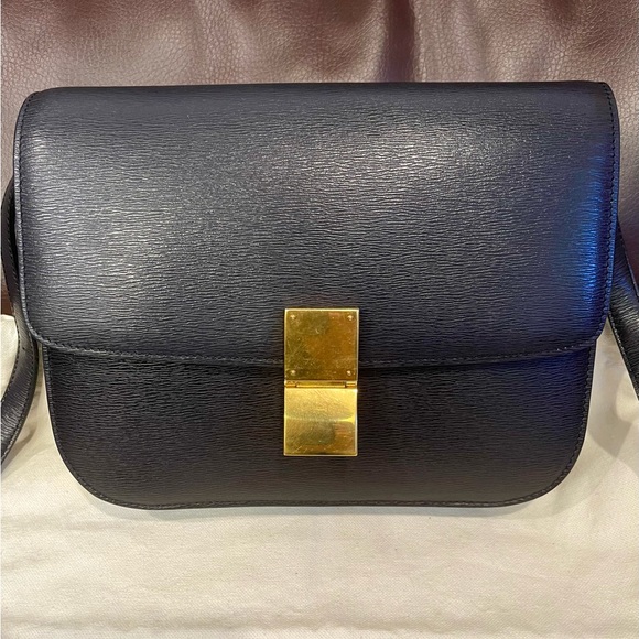 Celine Classic Box Triomphe Medium Calf leather black flap bag canvas handbag - Picture 2 of 16